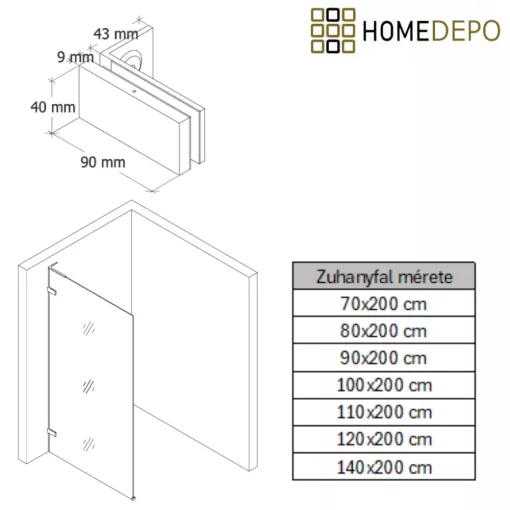 HD Sky "L" Chrome Walk-In zuhanyfal 8 mm vastag vízlepergető biztonsági üveggel, 200 cm magas, krómozott zsanérokkal és "L" merevítővel