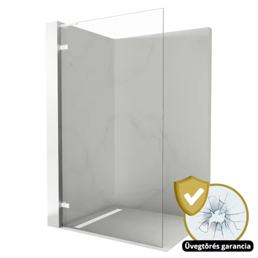 HD Sky "L" White Walk-In zuhanyfal 8 mm vastag vízlepergető biztonsági üveggel, 200 cm magas, matt fehér zsanérokkal és "L" merevítővel