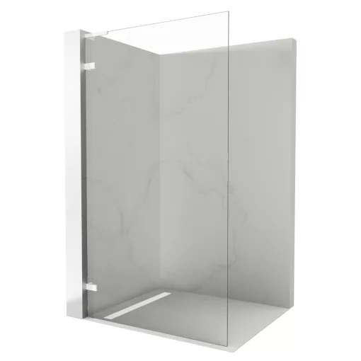 HD Sky "L" White Walk-In zuhanyfal 8 mm vastag vízlepergető biztonsági üveggel, 200 cm magas, matt fehér zsanérokkal és "L" merevítővel