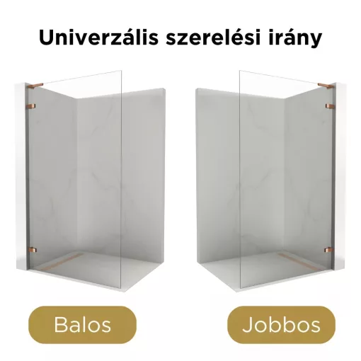 HD Sky "L" Rose Walk-In zuhanyfal 8 mm vastag vízlepergető biztonsági üveggel, 200 cm magas, rózsa arany zsanérokkal és "L" merevítővel