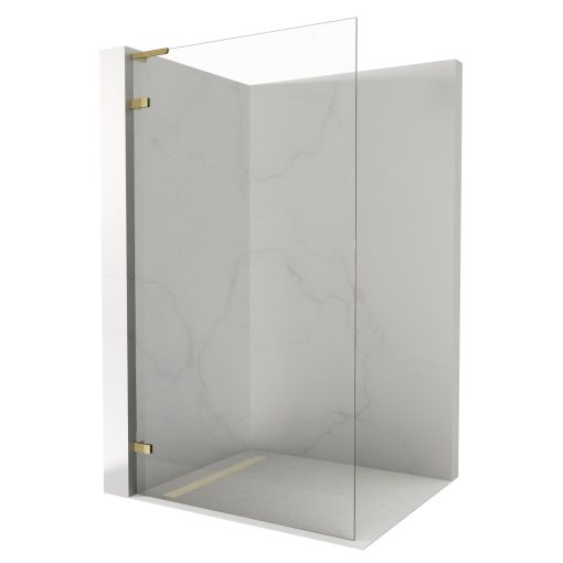 HD Sky "L" Gold Walk-In zuhanyfal 8 mm vastag vízlepergető biztonsági üveggel, 200 cm magas, fényes arany zsanérokkal és "L" merevítővel