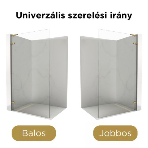 HD Sky "L" Gold Walk-In zuhanyfal 8 mm vastag vízlepergető biztonsági üveggel, 200 cm magas, fényes arany zsanérokkal és "L" merevítővel