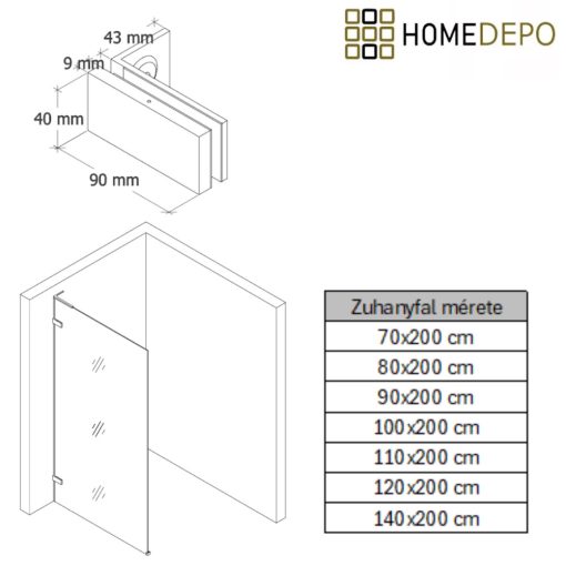 HD Sky "L" Gold Walk-In zuhanyfal 8 mm vastag vízlepergető biztonsági üveggel, 200 cm magas, fényes arany zsanérokkal és "L" merevítővel