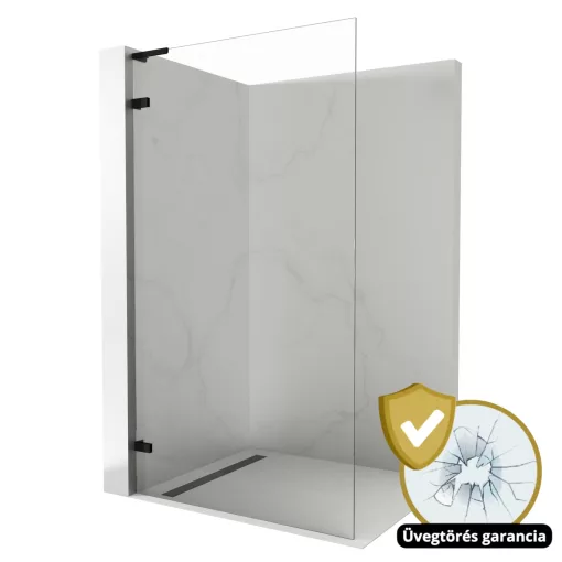 HD Sky "L" Black Walk-In zuhanyfal 8 mm vastag vízlepergető biztonsági üveggel, 200 cm magas, matt fekete zsanérokkal és "L" merevítővel
