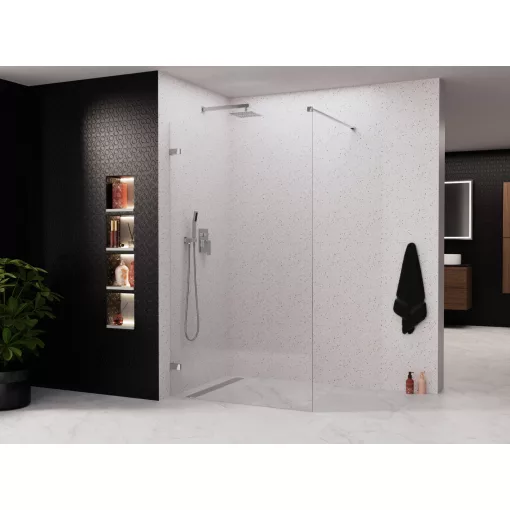HD Sky "F" Chrome Walk-In zuhanyfal 8 mm vastag vízlepergető biztonsági üveggel, 200 cm magas, krómozott zsanérokkal és távtartóval