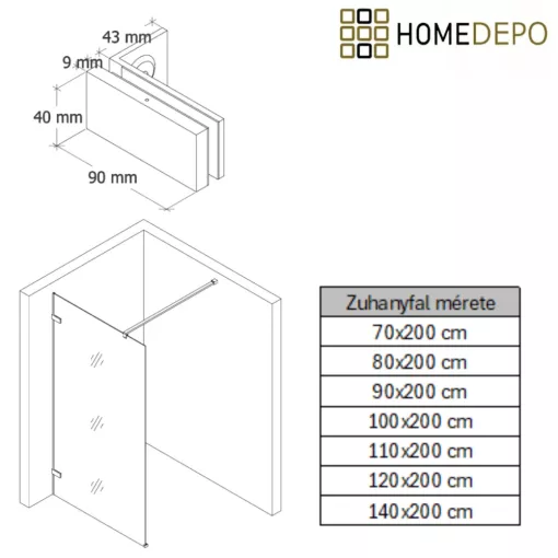 HD Sky "F" Chrome Walk-In zuhanyfal 8 mm vastag vízlepergető biztonsági üveggel, 200 cm magas, krómozott zsanérokkal és távtartóval