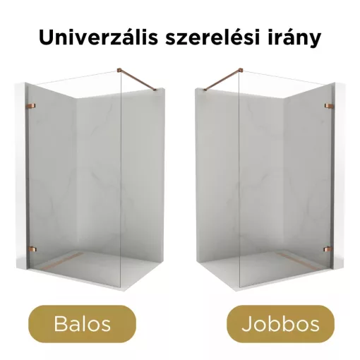 HD Sky "F" Rose Walk-In zuhanyfal, 120x200 cm, 8 mm vastag vízlepergető biztonsági üveggel, 200 cm magas, rózsa arany zsanérokkal és távtartóval