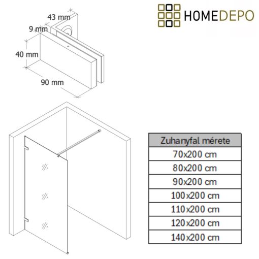 HD Sky "F" Gold Walk-In zuhanyfal, 100x200 cm, 8 mm vastag vízlepergető biztonsági üveggel, 200 cm magas, fényes arany zsanérokkal és távtartóval