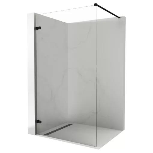 HD Sky "F" Black Walk-In zuhanyfal, 90x200 cm, 8 mm vastag vízlepergető biztonsági üveggel, 200 cm magas, matt fekete zsanérokkal és távtartóval