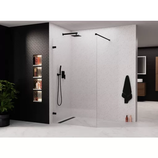 HD Sky "F" Black Walk-In zuhanyfal, 90x200 cm, 8 mm vastag vízlepergető biztonsági üveggel, 200 cm magas, matt fekete zsanérokkal és távtartóval