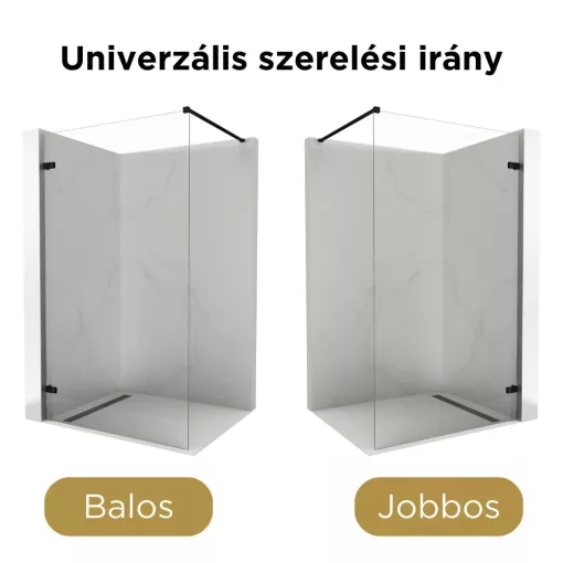 HD Sky "F" Black Walk-In zuhanyfal, 90x200 cm, 8 mm vastag vízlepergető biztonsági üveggel, 200 cm magas, matt fekete zsanérokkal és távtartóval
