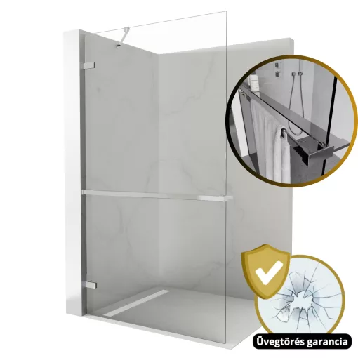 HD Sky+ "S" Chrome Walk-In zuhanyfal 8 mm vastag vízlepergető biztonsági üveggel, 200 cm magas, krómozott zsanérokkal és sarokmerevítővel