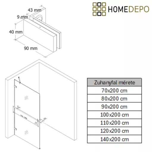 HD Sky+ "S" Chrome Walk-In zuhanyfal 8 mm vastag vízlepergető biztonsági üveggel, 200 cm magas, krómozott zsanérokkal és sarokmerevítővel