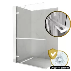   HD Sky+ "S" White Walk-In zuhanyfal 8 mm vastag vízlepergető biztonsági üveggel, 200 cm magas, matt fehér zsanérokkal és sarokmerevítővel