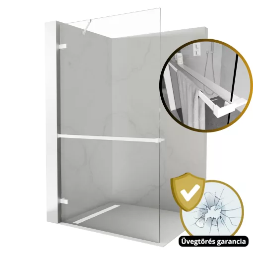 HD Sky+ "S" White Walk-In zuhanyfal 8 mm vastag vízlepergető biztonsági üveggel, 200 cm magas, matt fehér zsanérokkal és sarokmerevítővel