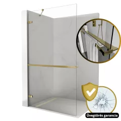   HD Sky+ "S" Gold Walk-In zuhanyfal 8 mm vastag vízlepergető biztonsági üveggel, 200 cm magas, fényes arany zsanérokkal és sarokmerevítővel