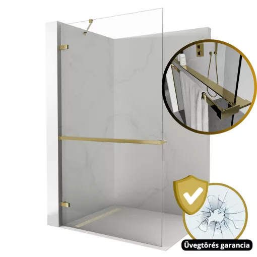 HD Sky+ "S" Gold Walk-In zuhanyfal 8 mm vastag vízlepergető biztonsági üveggel, 200 cm magas, fényes arany zsanérokkal és sarokmerevítővel