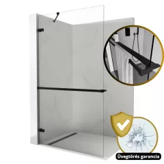   HD Sky+ "S" Black Walk-In zuhanyfal 8 mm vastag vízlepergető biztonsági üveggel, 200 cm magas, matt fekete zsanérokkal és sarokmerevítővel