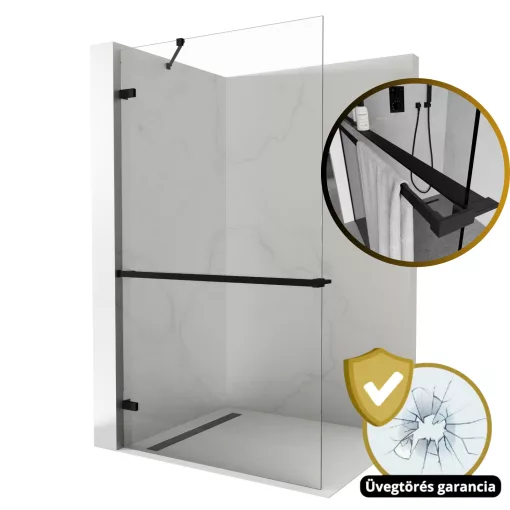 HD Sky+ "S" Black Walk-In zuhanyfal 8 mm vastag vízlepergető biztonsági üveggel, 200 cm magas, matt fekete zsanérokkal és sarokmerevítővel