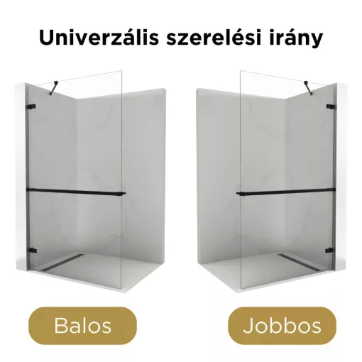 HD Sky+ "S" Black Walk-In zuhanyfal 8 mm vastag vízlepergető biztonsági üveggel, 200 cm magas, matt fekete zsanérokkal és sarokmerevítővel