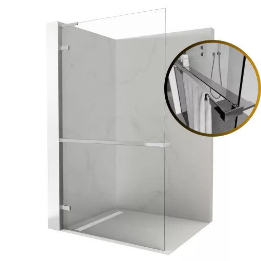 HD Sky+ "L" Chrome Walk-In zuhanyfal 8 mm vastag vízlepergető biztonsági üveggel, 200 cm magas, krómozott zsanérokkal és "L" merevítővel