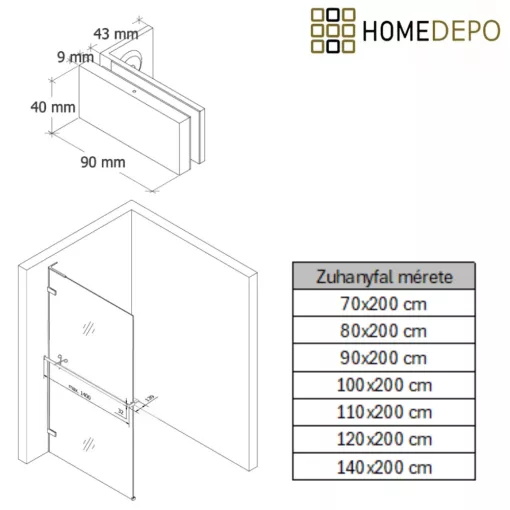 HD Sky+ "L" Chrome Walk-In zuhanyfal 8 mm vastag vízlepergető biztonsági üveggel, 200 cm magas, krómozott zsanérokkal és "L" merevítővel