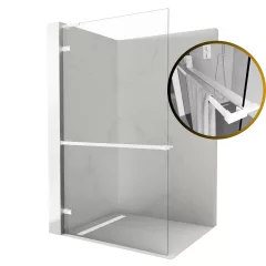   HD Sky+ "L" White Walk-In zuhanyfal 8 mm vastag vízlepergető biztonsági üveggel, 200 cm magas, matt fehér zsanérokkal és "L" merevítővel