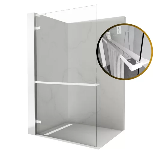 HD Sky+ "L" White Walk-In zuhanyfal 8 mm vastag vízlepergető biztonsági üveggel, 200 cm magas, matt fehér zsanérokkal és "L" merevítővel