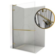 HD Sky+ "L" Gold Walk-In zuhanyfal, 90x200 cm, 8 mm vastag vízlepergető biztonsági üveggel, 200 cm magas, fényes arany zsanérokkal és "L" merevítővel
