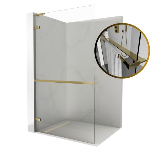 HD Sky+ "L" Gold Walk-In zuhanyfal, 90x200 cm, 8 mm vastag vízlepergető biztonsági üveggel, 200 cm magas, fényes arany zsanérokkal és "L" merevítővel