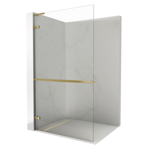 HD Sky+ "L" Gold Walk-In zuhanyfal, 90x200 cm, 8 mm vastag vízlepergető biztonsági üveggel, 200 cm magas, fényes arany zsanérokkal és "L" merevítővel