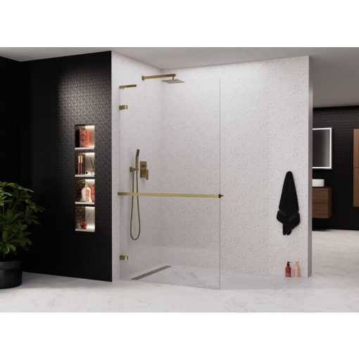 HD Sky+ "L" Gold Walk-In zuhanyfal, 90x200 cm, 8 mm vastag vízlepergető biztonsági üveggel, 200 cm magas, fényes arany zsanérokkal és "L" merevítővel