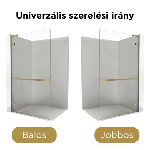 HD Sky+ "L" Gold Walk-In zuhanyfal, 90x200 cm, 8 mm vastag vízlepergető biztonsági üveggel, 200 cm magas, fényes arany zsanérokkal és "L" merevítővel