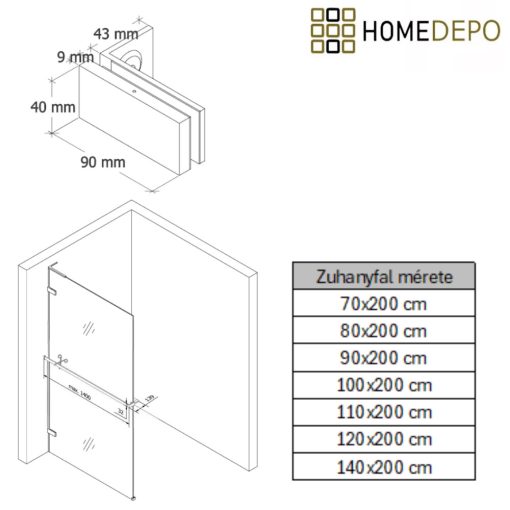 HD Sky+ "L" Gold Walk-In zuhanyfal, 90x200 cm, 8 mm vastag vízlepergető biztonsági üveggel, 200 cm magas, fényes arany zsanérokkal és "L" merevítővel