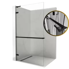   HD Sky+ "L" Black Walk-In zuhanyfal 8 mm vastag vízlepergető biztonsági üveggel, 200 cm magas, matt fekete zsanérokkal és "L" merevítővel