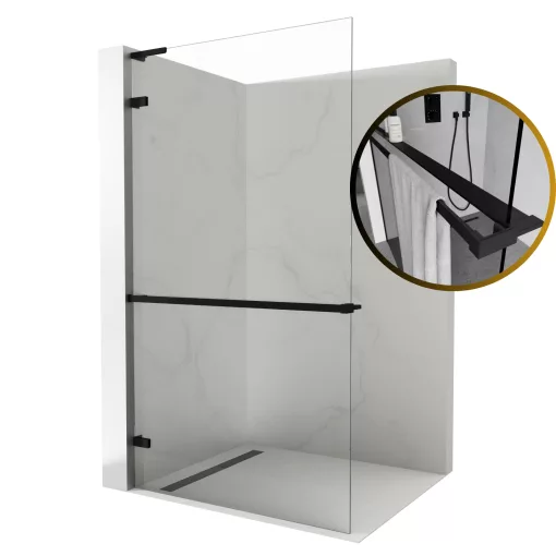 HD Sky+ "L" Black Walk-In zuhanyfal 8 mm vastag vízlepergető biztonsági üveggel, 200 cm magas, matt fekete zsanérokkal és "L" merevítővel