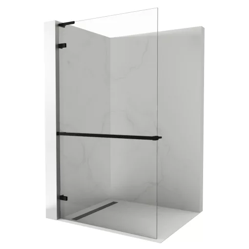 HD Sky+ "L" Black Walk-In zuhanyfal 8 mm vastag vízlepergető biztonsági üveggel, 200 cm magas, matt fekete zsanérokkal és "L" merevítővel