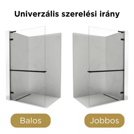 HD Sky+ "L" Black Walk-In zuhanyfal 8 mm vastag vízlepergető biztonsági üveggel, 200 cm magas, matt fekete zsanérokkal és "L" merevítővel