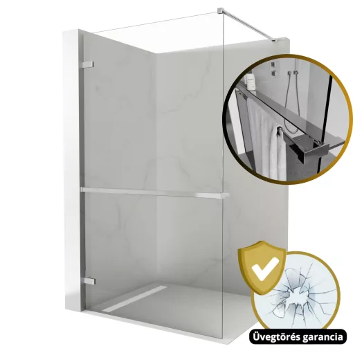 HD Sky+ "F" Chrome Walk-In zuhanyfal 8 mm vastag vízlepergető biztonsági üveggel, 200 cm magas, krómozott zsanérokkal és távtartóval