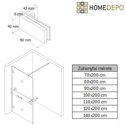 HD Sky+ "F" Chrome Walk-In zuhanyfal 8 mm vastag vízlepergető biztonsági üveggel, 200 cm magas, krómozott zsanérokkal és távtartóval