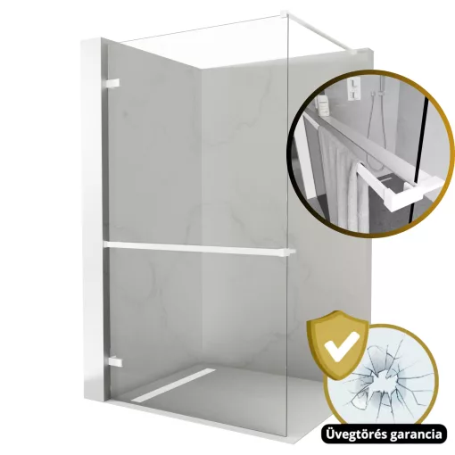 HD Sky+ "F" White Walk-In zuhanyfal 8 mm vastag vízlepergető biztonsági üveggel, 200 cm magas, matt fehér zsanérokkal és távtartóval
