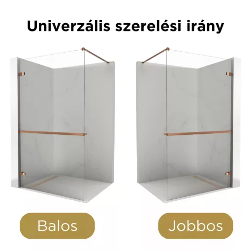 HD Sky+ "F" Rose Walk-In zuhanyfal 8 mm vastag vízlepergető biztonsági üveggel, 200 cm magas, rózsa arany zsanérokkal és távtartóval