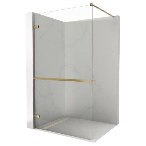 HD Sky+ "F" Gold Walk-In zuhanyfal, 140x200 cm, 8 mm vastag vízlepergető biztonsági üveggel, 200 cm magas, fényes arany zsanérokkal és távtartóval
