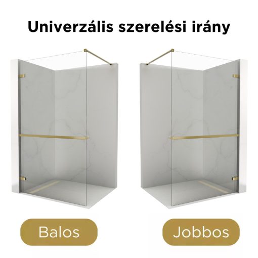HD Sky+ "F" Gold Walk-In zuhanyfal, 140x200 cm, 8 mm vastag vízlepergető biztonsági üveggel, 200 cm magas, fényes arany zsanérokkal és távtartóval