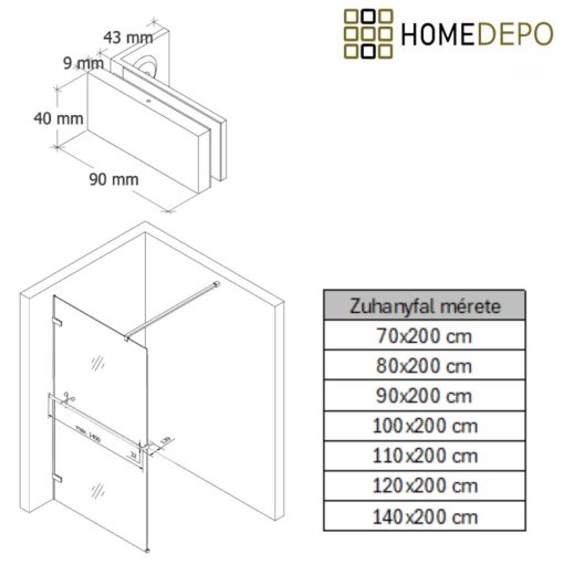 HD Sky+ "F" Gold Walk-In zuhanyfal, 140x200 cm, 8 mm vastag vízlepergető biztonsági üveggel, 200 cm magas, fényes arany zsanérokkal és távtartóval