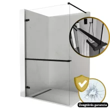 HD Sky+ "F" Black Walk-In zuhanyfal 8 mm vastag vízlepergető biztonsági üveggel, 200 cm magas, matt fekete zsanérokkal és távtartóval