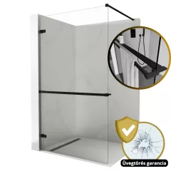   HD Sky+ "F" Black Walk-In zuhanyfal 8 mm vastag vízlepergető biztonsági üveggel, 200 cm magas, matt fekete zsanérokkal és távtartóval