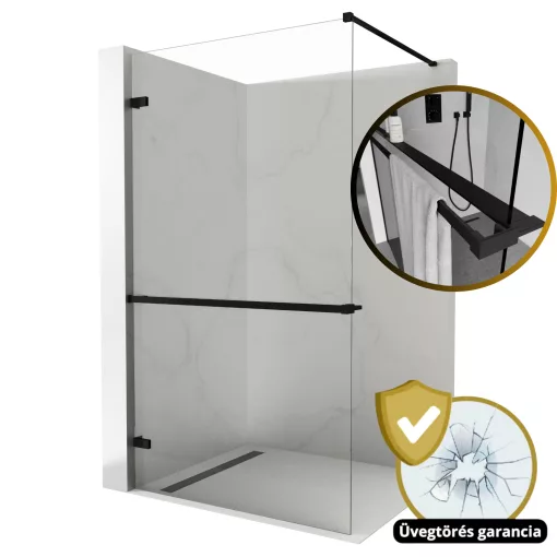 HD Sky+ "F" Black Walk-In zuhanyfal 8 mm vastag vízlepergető biztonsági üveggel, 200 cm magas, matt fekete zsanérokkal és távtartóval