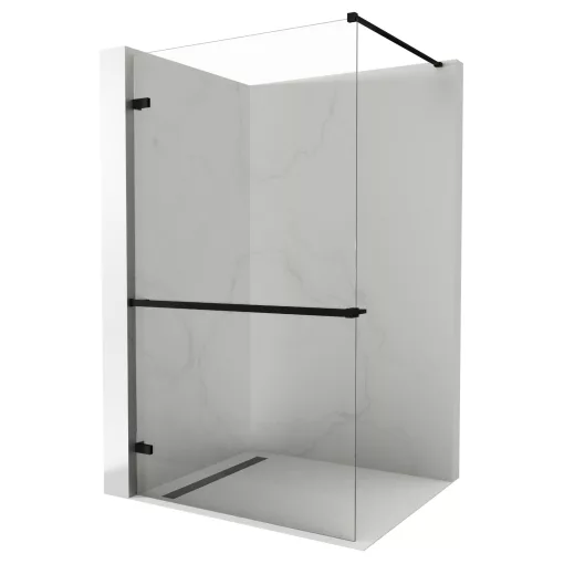 HD Sky+ "F" Black Walk-In zuhanyfal 8 mm vastag vízlepergető biztonsági üveggel, 200 cm magas, matt fekete zsanérokkal és távtartóval