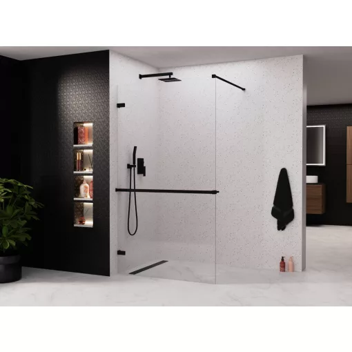 HD Sky+ "F" Black Walk-In zuhanyfal 8 mm vastag vízlepergető biztonsági üveggel, 200 cm magas, matt fekete zsanérokkal és távtartóval